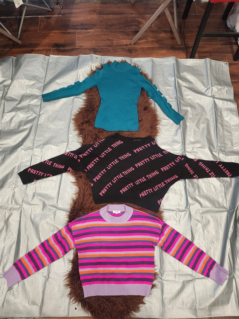 PrettyLittleThing Logo Sweater, Steve Madden Striped Sweater, Fashion Nova Teal